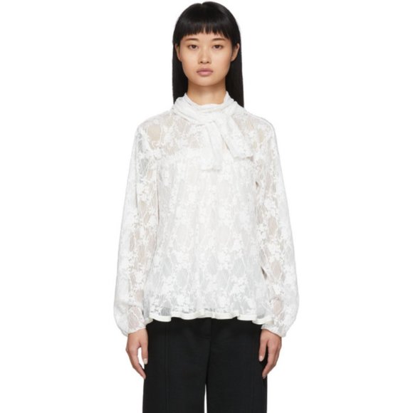 SEE BY CHLOE Ivory Pleated Lace Long Sleeve Blouse - Picture 1 of 6